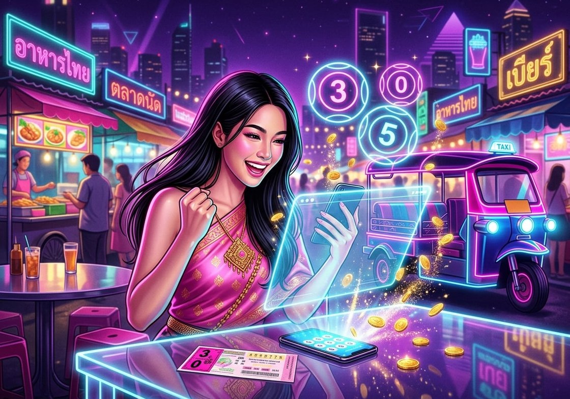 สาวไทยดีใจถูกหวยหลังตรวจผลหวยออนไลน์จากมือถือที่ตลาดนัดกลางคืน มีลูกหวยเลข 3 0 5 และสลากบนโต๊ะ